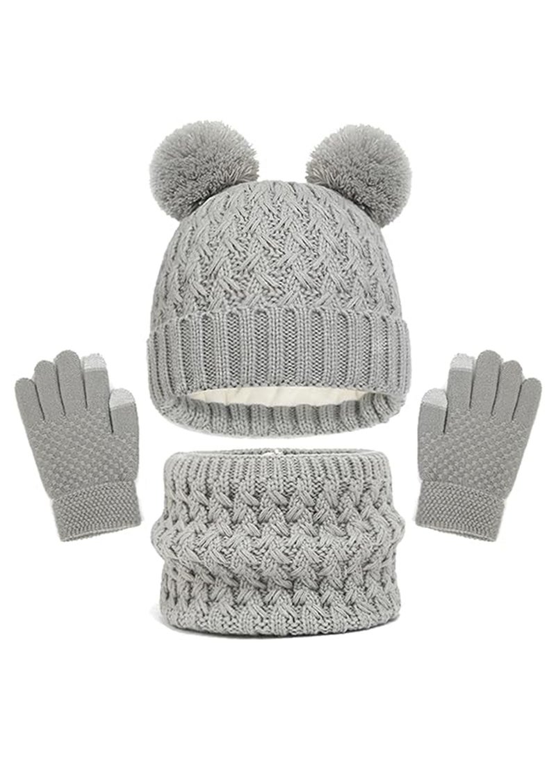 Kids Winter Beanie Hat Scarf and Touchscreen Gloves Set, Fleece Lining Beanie Hat Knit Gloves Neck Warmer for Children 2-8, Grey - Image 1